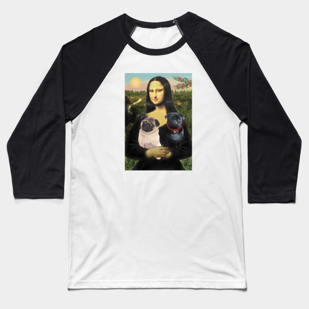 Mona Lisa and her Two Pugs Baseball T-Shirt by Dogs Galore and More
